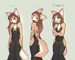 2024 anthro backless_chain_dress black_clothing black_dress brown_hair canid canine canis clothed clothing crossed_arms dialogue digital_drawing_(artwork) digital_media_(artwork) dingo dress ellipsis english_text female fully_clothed fur hair hi_res hollow_hip_dress mammal meme meme_clothing multiple_poses nervous pose simple_background solo tan_body tan_fur text yshanii