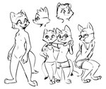 2022 6:5 anthro arm_around_shoulders arm_tuft barefoot biped black_and_white bottomwear breasts canid canine cheek_tuft chest_tuft choker clothed clothing duo ear_piercing ear_stud elbow_tuft ember_(fuel) eyes_closed eyewear facial_tuft featureless_crotch feet female fox fuel_(artist) gesture glasses hand_gesture hand_on_hip head_tuft jewelry knee_tuft leg_tuft mammal monochrome necklace nude open_mouth open_smile pants piercing shirt shorts sibling_(lore) simple_background sister_(lore) sisters_(lore) sitting small_breasts smile standing t-shirt tank_top taylor_(fuel) topwear tuft v_sign white_background