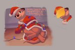 biped bottomless bubble cheese christmas_clothing christmas_lights clothed clothing dairy_products drunk drunk_bubble food holidays lying male mostly_nude pawpads paws robe robe_only solo substance_intoxication hotelkamikaze cheese_slap christmas vtuber chester_the_otter mammal mustelid otter 3:2 hi_res meme