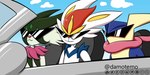 ambiguous_gender anthro artstation_logo car deviantart_logo eyewear glasses group inside_car inside_vehicle instagram_logo newgrounds_logo patreon_logo pinterest_logo pixiv_logo sky_background starter_trio sunglasses swagger text trio vehicle wearing_glasses x_logo damotemo deviantart nintendo patreon pokemon cinderace generation_6_pokemon generation_8_pokemon generation_9_pokemon greninja meowscarada pokemon_(species) 2:1 artist_name hi_res wallpaper