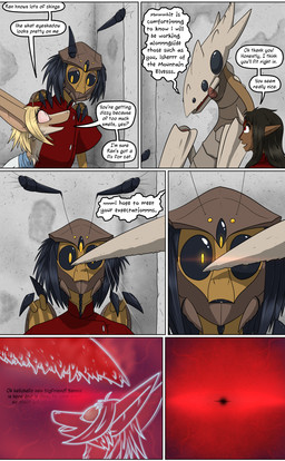 anthro black_sclera clothing dialogue female feral group male pink_eyes pointy_ears scarf size_difference text uniform yellow_eyes oniontrain valsalia out-of-placers isher kalgkur lopin yannit arthropod baxxid humanoid hybrid indrel mammal yinglet comic english_text hi_res