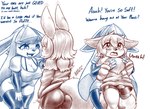 2023 4_fingers absurd_res anthro armwear artist_name bent_over big_breasts black_nose blasticussaturn blush bottomwear breasts bulge butt canid canine chest_tuft cinnamon_(blasticussaturn) claws cleavage clothed clothing dialogue digital_media_(artwork) dominant dominant_female duo eevee eeveelution embarrassed english_text erection fangs female femboy fingers frown fur generation_1_pokemon generation_4_pokemon glaceon hair hi_res hiding_erection hotpants hug larger_female legwear male mammal monochrome narrowed_eyes nintendo nipple_outline open_frown open_mouth open_smile oversized_clothing oversized_shirt oversized_topwear pokemon pokemon_(species) rear_view shirt shorts signature simple_background size_difference slushie_(blasticussaturn) smaller_male smile standing stockings tail teeth text thigh_highs tight_bottomwear tight_clothing tight_shorts tongue topwear tuft