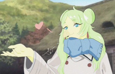 5_fingers abstract_background anthro blowing_kiss blue_eyes blue_scarf claws cosplay crossover_cosplay double_bun eyelashes female finger_claws fingers green_hair hair hair_bun heart_symbol long_hair scales scarf snout solo text yellow_body yellow_scales vvurm_drama cavemanon_studios frieren_beyond_journey's_end goodbye_volcano_high ko_op_(game_developer) snoot_game frieren stella_(gvh_beta) dinosaur ornithischian prehistoric_species reptile scalie stegosaurian stegosaurus thyreophoran 2026 artist_name crossover digital_drawing_(artwork) digital_media_(artwork) hi_res watermark
