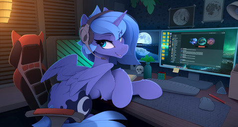 bite biting_lip biting_own_lip blue_body blue_eyes blue_hair chair computer_keyboard computer_monitor computer_mouse crossed_legs cutie_mark desk detailed_background electronics eyebrows eyelashes feathered_wings feathers female feral furniture hair headgear headphones headset hooves horn inside looking_at_viewer looking_back looking_back_at_viewer pencil_(object) self_bite smile solo table wings writing_utensil yakovlev-vad friendship_is_magic hasbro my_little_pony mythology princess_luna_(mlp) equid equine mammal mythological_creature mythological_equine winged_unicorn hi_res