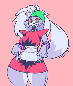 anthro big_breasts black_clothing breasts clothed clothing ear_piercing fangs female gesture green_hair grey_hair grey_tail hair hand_gesture looking_at_viewer machine midriff multicolored_hair open_mouth orange_eyes piercing pointing pointing_down purple_clothing red_clothing simple_background solo tail teeth two_tone_hair two_tone_tail wide_hips conditional_dnp welwraith five_nights_at_freddy's five_nights_at_freddy's:_security_breach scottgames steel_wool_studios roxanne_wolf animatronic canid canine canis mammal robot robot_anthro wolf 2022 digital_media_(artwork)