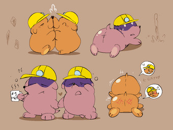 ambiguous_gender anthro armor biped black_nose blush brown_body butt container cup duo eyes_closed hard_hat headgear helmet kissing mug open_mouth simple_background slightly_chubby spank_marks standing toony pawplants bits_and_bops eulipotyphlan mammal mole_(animal) 2026