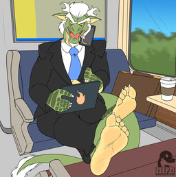 5_fingers 5_toes anthro barefoot beverage black_clothing claws clothed clothing coffee colored_nails feet fingers foot_focus green_tail hair humanoid_feet humanoid_hands lightened_soles male nails pink_tongue plantigrade scales sharp_teeth sitting soles solo suit tablet tail teeth toe_claws toes tongue train vehicle white_claws white_hair white_nails yellow_body yellow_scales yellow_sclera conditional_dnp zp92 mythology dragon mythological_creature mythological_scalie scalie hi_res