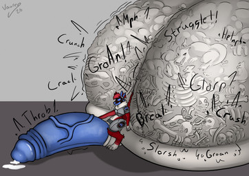 anthro bone bones_in_balls cock_vore digestion fatal_vore genitals machine male mass_vore multiple_prey penile penis skull solo vore vauren_(artist) protogen hi_res