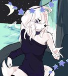 anthro clothed clothing female fur moon night purple_eyes sea smile solo water white_body white_fur bloowolfy canid canine canis domestic_dog mammal 2022 hi_res