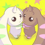 abstract_background ambiguous_gender anthro beady_eyes brown_body brown_fur cheek_to_cheek chibi duo fur horn long_ears white_body white_fur hsm_mochi bandai_namco digimon digimon_(species) lopmon terriermon 1:1 hi_res