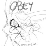 anthro hypnotic_eyes looking_at_viewer male mouth_closed solo teeth text whiskers yaoifairy lagomorph leporid mammal rabbit 1:1 english_text headshot_portrait monochrome portrait sketch