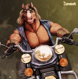 anthro areola body_hair bottomwear chest_hair clothed clothing driving fur hair jacket looking_at_viewer male motorcycle muscular muscular_anthro muscular_male nipples open_clothing open_jacket open_topwear pants pecs riding_motorcycle solo topwear vehicle daretaris disney zootopia brian_winddancer equid equine horse mammal digital_media_(artwork) hi_res