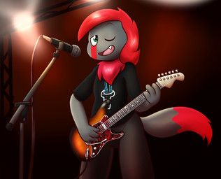 anthro black_clothing black_shirt black_topwear bottomwear clothing dipstick_tail electric_guitar electronics fangs front_view fur green_eyes grey_body grey_bottomwear grey_clothing grey_fur grey_pants guitar guitar_pick hair holding_guitar holding_musical_instrument holding_object male mane markings microphone microphone_stand multicolored_tail musical_instrument one_eye_closed open_mouth pants plucked_string_instrument pupils red_body red_fur red_hair red_markings shirt smile solo stage string_instrument t-shirt tail tail_markings teeth topwear felino drew_(dfrag) alien satomi_(species) 2021 absurd_res hi_res