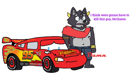anthro armband armlet black_nose blue_eyes bottomwear bracelet brooch cape car clothing decal decals duo fur grey_body grey_fur jewelry looking_down machine male male_anthro nipples paint pants piercing race_car red_paint sad shirtless shirtless_anthro shirtless_male shoeless tire vehicle wreath creamandbigstan adastra adastra_(series) cars_(disney) disney echo_project i_think_we're_gonna_have_to_kill_this_guy pixar amicus_(adastra) lightning_mcqueen canid canine canis dire_car dire_machine dire_vehicle living_car living_machine living_vehicle mammal wolf 2023 crossover