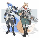 anthro armor blue_body blue_fur blue_hair bodysuit boots clothing duo female fingerless_gloves footwear fur gloves hair half-closed_eyes handwear kerchief male multicolored_body narrowed_eyes neckerchief neckwear orange_body orange_fur science_fiction shoes simple_background skinsuit smile smirk smug smug_face tail tan_body tan_fur tight_clothing two_tone_body white_background white_body white_fur white_hair dullvivid epic_games gears_of_war microsoft nintendo star_fox xbox_game_studios fox_mccloud krystal_(star_fox) canid canine fox mammal hi_res