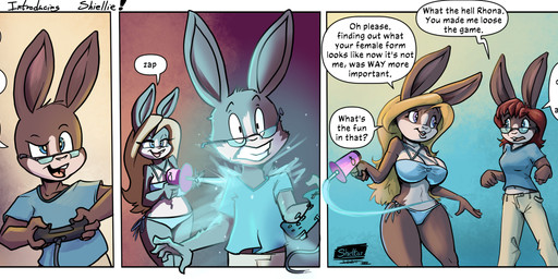 anthro blonde_hair bra breasts brown_body brown_fur brown_hair clothing controller dialogue duo eyewear female fur game_controller gender_transformation glasses hair male mtf_transformation navel open_mouth panties ranged_weapon raygun scut_tail short_tail tail text transformation underwear weapon shieltar rhona_(shieltar) rob_(shieltar) lagomorph leporid mammal rabbit 2025 comic english_text hi_res
