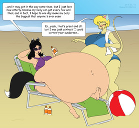 anthro ball beach beach_ball belly belly_size_difference big_belly big_breasts bikini black_hair blonde_hair blush bodily_fluids bottle breasts chair clothing container copyright_symbol duo eyes_closed eyewear female furniture hair huge_belly hyper hyper_belly inflatable navel open_mouth sand seaside speech_bubble stuffing sunglasses sunscreen sweat sweatdrop swimwear symbol text towel two-piece_swimsuit water satsumalord diane_(hnm124) tanya_(satsumalord) animal_humanoid canid canid_humanoid canine canine_humanoid dog_humanoid humanoid mammal mammal_humanoid mouse murid murine rodent 2015 digital_media_(artwork) english_text