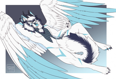 anthro black_sclera blue_eyes blue_hair blue_markings blue_wings feathered_wings feathers fur hair lying male markings multicolored_hair nude on_back scales solo tail two_tone_hair ventral_scales white_body white_fur white_hair white_wings wings tiggybloom mythology canid dragon hybrid mammal mythological_creature mythological_scalie scalie 2019 dated