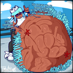 abdominal_bulge after_vore ambiguous_gender ambiguous_prey anthro belly big_belly black_border border dialogue digestion digestion_noises female oral_vore same_size_vore solo speech_bubble vore tuppenjskewer nintendo splatoon aquatic cephalopod inkling mollusk 1:1 hi_res
