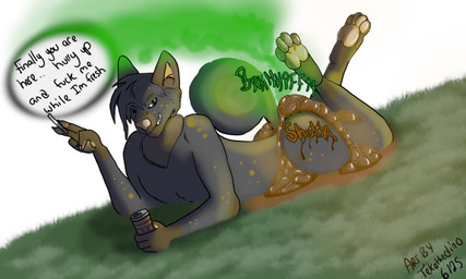 ambiguous_farting ambiguous_gender ambiguous_pooping anthro beverage black_body black_fur black_hair brown_body brown_fur butt cigarette curled_tail ellipsis fart fart_cloud feces feces_on_body feces_on_butt feces_on_ground feces_pile fur gloves_(marking) green_eyes hair holding_beverage holding_cigarette holding_object leg_markings legs_up looking_at_viewer lying markings neck_tuft on_front open_mouth open_smile pooping pooping_on_self raised_tail scatplay smile socks_(marking) solo sound_effects speech_bubble tail talking_to_viewer teeth text tuft tekothedino canid canine canis domestic_dog husky hybrid mammal nordic_sled_dog spitz wolf 2025 5:3 artist_name dated english_text hi_res