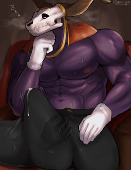 2_horns 5_fingers anthro big_bulge black_bottomwear black_clothing black_pants bodily_fluids bone bottomwear bulge clothed clothing cum cum_in_clothing cum_through_clothing cumming_while_asleep erection erection_under_clothing fingers genital_fluids gloves handwear horn humanoid_hands male muscular muscular_anthro muscular_male pants pants_only skull skull_head sleeping solo sweat topless topless_anthro topless_male wet wet_clothing white_clothing white_gloves white_handwear draringoa the_ancient_magus'_bride elias_ainsworth monster 2022 colored hi_res signature