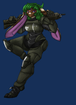 anthro armor armored_body armored_boots blue_eyes brown_body brown_fur carrot_hopkins_(battlelords) clothing female fur gauntlets gloves green_clothing green_hair gun hair handwear infantry long_ears machine markings morita_(rifle) muscular muscular_female power_armor presenting purple_body purple_markings purple_skin ranged_weapon solo speckled_fur weapon white_markings casteroki_(artist) starship_troopers absurd_res alpha_channel hi_res