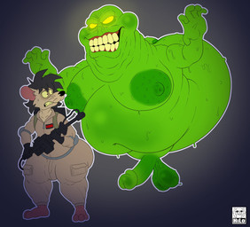 anthro balls belt big_balls big_butt big_penis black_clothing black_eyes black_gloves black_hair black_handwear black_nose bodily_fluids bodysuit brown_bodysuit brown_clothing brown_skinsuit bulge butt clothing duo floating fur genitals gloves glowing glowing_eyes green_body green_nipples hair handwear holding_object holding_ranged_weapon holding_weapon huge_butt male male/male moobs name_tag nervous nipples obese obese_humanoid overweight overweight_humanoid penis proton_pack ranged_weapon skinsuit sweat tan_body tan_ears tan_fur teeth thick_thighs three-quarter_view tight_clothing weapon yellow_eyes yellow_sclera itsme_hilo ghostbusters clover_clive american_opossum ghost humanoid mammal marsupial spirit 2026 digital_media_(artwork) hi_res signature