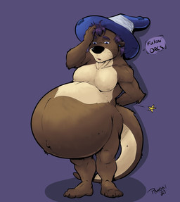 anthro belly big_belly blue_ear_piercing blue_eyes blue_wizard_hat claws clothing dialogue feet hair hat hat_only headgear headgear_only headwear headwear_only huge_belly hyper hyper_pregnancy male mostly_nude navel nipples nude_male otter_tail pain_stars pregnant pregnant_male purple_hair solo speech_bubble standing text wearing_hat wizard_hat wizard_hat_only pandottermon mayternity_2023 mammal mustelid otter 2023 colored dated hi_res