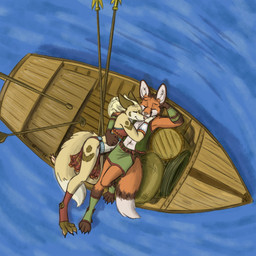 4_toes 5_fingers anthro armor barrel blonde_hair boat bottomwear brown_ears brown_hair claws clothing countershading cuddling dipstick_tail duo eyes_closed feet female fingers fur gauntlets gloves green_clothing hair handwear loincloth long_hair lying male markings navel oar on_back pawpads pink_nose red_body red_fur side tail tail_markings tan_body tan_fur toes topwear tribal tribal_clothing vehicle vest water watercraft white_body white_countershading gfoxlore canid canine fennec_fox fox mammal red_fox true_fox 1:1 2025 absurd_res digital_media_(artwork) hi_res shaded signature
