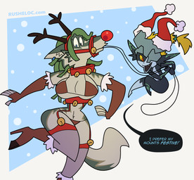 anthro anthrofied armwear bell bell_collar big_breasts bikini boots breasts bridle christmas_clothing christmas_headwear clothing collar crossgender duo eyelashes fake_antlers fake_horns female female/female footwear fused_shadow garter_belt garter_straps hat headgear headwear high_heeled_boots high_heels holidays legwear mtf_crossgender reins santa_hat shoes stockings swimwear tail thigh_highs two-piece_swimsuit rusheloc christmas nintendo the_legend_of_zelda twilight_princess link_(wolf_form) midna canid canine canis humanoid imp mammal wolf