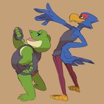 anthro barefoot beak blue_body blue_eyes blue_feathers bottomwear clothed clothing duo feathers feet fingerless_gloves gloves green_body green_eyes handwear male pants pose shirt simple_background standing tan_background tank_top topwear underwear flookz nintendo star_fox falco_lombardi slippy_toad amphibian avian bird falcon falconid frog 1:1