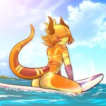 2_horns anthro butt clothed clothing female hair horn obscured_eyes one-piece_swimsuit open_mouth orange_body orange_hair outside raised_tail seaside sitting sitting_on_surfboard sky smile solo surfboard swimwear tail translucent translucent_clothing translucent_swimwear vehicle water watercraft endcoon gris_swimsuit meme_clothing mythology mai_tai_(cstrawrun) dragon mythological_creature mythological_scalie scalie 1:1 digital_media_(artwork) meme