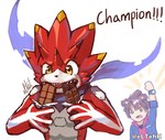 anthro brown_hair candy chocolate claws clothing dessert duo eating food hair hoodie horn male red_body scarf topwear yellow_eyes eltehh bandai_namco digimon digimon_ghost_game hiro_amanokawa betelgammamon digimon_(species) human mammal hi_res