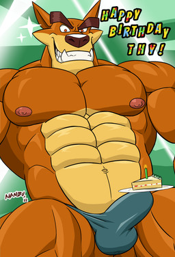 abs anthro balls balls_outline biceps birthday_cake bulge cake candle clothed clothing deltoids dessert detailed_bulge eyebrows food fur genital_outline genitals grin looking_at_viewer male muscular muscular_anthro muscular_arms muscular_legs muscular_male muscular_thighs nipples orange_body orange_eyes orange_fur pecs penis penis_outline plate sharp_teeth smile solo tan_body tan_fur teeth text thick_eyebrows thong thong_only topless underbite underwear underwear_only nanbuskhan activision crash_bandicoot_(series) tiny_tiger dasyuromorph mammal marsupial recently_extinct_species thylacine 2022 absurd_res english_text hi_res