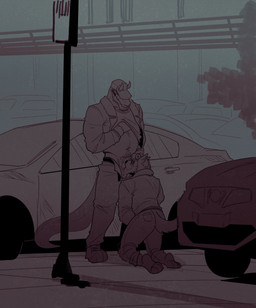 3_toes 5_fingers anthro balls beard body_hair bottomwear car chest_hair clock clothed clothing clothing_lift duo exposed_belly eyebrows eyewear facial_hair feet fellatio fingers genitals glasses grey_background hair hand_on_chest happy_trail hat headgear headwear hidden_eyes horn humanoid_hands jacket kneeling male male/male muscular mustache navel oral oral_penetration pants partially_clothed penetration penile pubes public public_exposure public_sex sex shirt shirt_lift simple_background smile tail text toes topwear vehicle watch xeoniios tony_(xeoniios) canid canine canis crocodile crocodilian domestic_dog mammal reptile scalie absurd_res hi_res