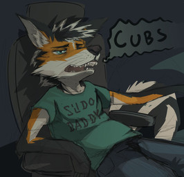 anthro chair clothing furniture male male_anthro on_chair sitting sitting_on_chair solo young young_anthro young_male dakkawoof dark_collective linux tom_fucks_a_retarded_child tom_(tom_fucks_a_retarded_child) canid canine fox hybrid mammal mephitid skunk hi_res