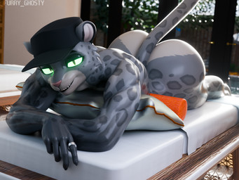 anthro big_butt butt female fur glowing glowing_eyes green_sclera grey_body grey_fur looking_at_viewer markings muscular muscular_anthro muscular_female pillow solo spots spotted_body spotted_fur wearing_hat white_body white_fur furry_ghosty valorlynz_(modeler) dreamworks the_bad_guys kitty_kat_(the_bad_guys) felid mammal pantherine snow_leopard 2026 3d_(artwork) 4:3 digital_media_(artwork) hi_res