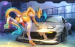 animal_genitalia anthro anus anus_focus car claws clothing duo erection footwear genitals horn knot legwear legwear_only looking_at_viewer machine male mostly_nude pawpads paws penis socks stockings tail vehicle white_clothing white_footwear white_socks foxpit mazda_rx-7 mythology loksy_(foxpit) kobold mammal mythological_creature mythological_scalie protogen scalie absurd_res hi_res