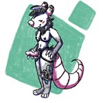 anthro big_tail blush female fur harness knife knife_sheath neck_tuft nipple_tape pasties pink_tail sex_toy simple_background solo strapon straps tail tape toothy_grin tuft white_body white_fur wahlgo mildread_(wahlgo) american_opossum mammal marsupial 1:1