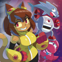 anthro breasts brown_body brown_hair clothed clothing eyewear eyewear_on_head female goggles goggles_on_head group hair machine magenta_eyes male open_mouth smile whiskers yellow_sclera drawligator gameoverse glitch_productions flappers_(gameoverse) gobbles_(gameoverse) kaboodle_(gameoverse) kit_bodega aquatic cetacean dinosaur dolphin domestic_cat felid feline felis mammal prehistoric_species reptile robot scalie toothed_whale 1:1 2026 absurd_res hi_res
