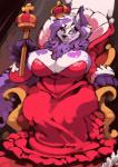 anthro big_breasts biped black_nose breasts chair cleavage clothed clothing crown curvy_figure female front_view fur furniture hair headgear heart_symbol huge_breasts long_hair looking_at_viewer mature_anthro mature_female open_mouth purple_body purple_eyes purple_fur purple_hair queen robe royalty sitting smile solo staff teeth thick_thighs throne tongue tuft voluptuous white_body white_fur white_hair wide_hips bittenhard momma_jerbear canid canine canis domestic_dog husky mammal nordic_sled_dog spitz 2016 digital_media_(artwork) hi_res