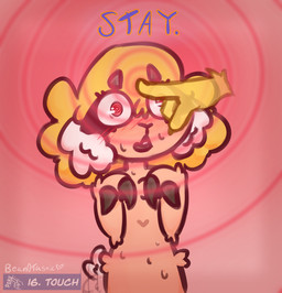 anthro blonde_hair blush blush_lines bodily_fluids chest_tuft command duo eyelashes fingers forced front_view hair hip_tuft hooved_fingers hooves horn hypnosis male male/male mind_control nervous obedient poking spiral spiral_eyes standing sweat tail tail_motion tailwag tuft bean0tastic hypnovember hypnovember2025 alex_(alelander) beanie_(bean0tastic) bovid caprine felid mammal sheep digital_drawing_(artwork) digital_media_(artwork) hi_res