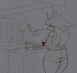 angry anthro belly biped bodily_fluids bottle bottomwear brazil breasts breath butt chewing clothed clothed_anthro clothed_female clothing container crop_top cross-popping_vein denim denim_bottomwear denim_clothing denim_shorts duo eating embarrassed female fingerless_gloves fingers food food_stand frown fully_clothed fully_clothed_anthro fully_clothed_female fur furniture gloves grey_background hair handwear holding_food holding_object in_denial lidded_eyes long_hair looking_at_viewer looking_back looking_back_at_viewer medium_truck muffin_top narrowed_eyes outside overweight overweight_anthro overweight_female pouting shirt shorts simple_background slightly_chubby slightly_chubby_anthro slightly_chubby_female solo_focus speech_bubble standing sweat table talking_to_viewer text thick_thighs topwear truck van vehicle tonisk hellaverse helluva_boss loona_in_mexico mythology loona_(helluva_boss) canid canid_demon canine demon hellhound mammal mythological_canine mythological_creature 2022 english_text monochrome sketch