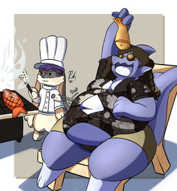 ambiguous_gender anthro belly belly_expansion belly_inflation big_belly big_butt bloated bodily_fluids butt button_(fastener) button_pop clothing duo expansion feederism feeding floral_clothing fluffy food food_fetish huge_belly inflation male male/male navel onomatopoeia overweight overweight_anthro restaurant sound_effects stuffing text wardrobe_malfunction weight_gain phantomdgen fish lagomorph leporid mammal marine rabbit shark colored digital_drawing_(artwork) digital_media_(artwork) hi_res