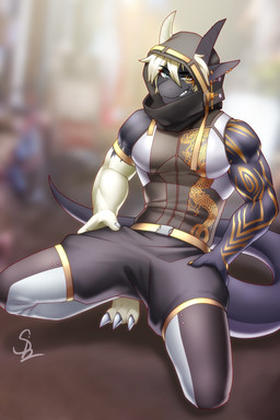 anthro clothed clothing crouching hoodie looking_at_viewer male piercing sitting solo streetwear techwear topwear nariikhan mythology dragon mythological_creature mythological_scalie scalie hi_res