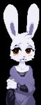 anthro black_clothing black_shirt black_topwear blue_clothing blue_shirt blue_topwear buckteeth clothed clothing eyebrows female freckles front_view frown fully_clothed fur long_ears orange_eyes shirt simple_background solo standing teeth topwear transparent_background undershirt white_body white_fur mangneto ruby_quest ruby_(rq) lagomorph leporid mammal rabbit 2013 alpha_channel digital_media_(artwork) half-length_portrait low_res pixel_(artwork) portrait