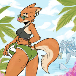 accessory anthro ball barbell_piercing bottomwear bra breasts butt butt_pose clothing duo ear_piercing ear_ring eyewear female female_focus flippers fur furgonomics glasses jewelry looking_at_viewer male orange_body orange_fur partially_submerged piercing pose ring_piercing shark_fin snorkel solo_focus speedo sports_bra standing_in_water sunglasses swimming_trunks swimwear tail tail_accessory tail_jewelry underwear volleyball_(ball) wearing_glasses akoshak dreamworks the_bad_guys diane_foxington mr._wolf_(the_bad_guys) canid canine canis fox mammal wolf 1:1 hi_res