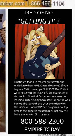 anthro areola big_breasts blonde_hair breasts convenient_censorship electric_guitar facepalm fake_advertisement female frustrated fur guitar hair holding_guitar holding_musical_instrument holding_object long_hair looking_at_viewer musical_instrument nude plucked_string_instrument profanity solo stage_curtains standing string_instrument text yellow_body yellow_fur terrehaute guitar_world candy_(terrehaute) domestic_cat felid feline felis mammal compression_artifacts digital_media_(artwork) english_text hi_res