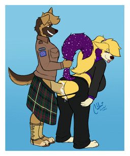 ambiguous_penetration anthro big_penis blonde_hair bodily_fluids border bottomwear brown_body brown_fur clothing collared_shirt crop_top cum dress_shirt duo female fur genital_fluids genitals hair humanoid_genitalia humanoid_penis kilt male male/female open_mouth open_smile pants penetration penis plantigrade ponytail purple_body purple_eyes purple_fur purple_hair sex shirt smile tail tail_grab tongue tongue_out topwear torn_bottomwear torn_clothing torn_pants white_border yellow_body yellow_fur alexnik canid canine canis domestic_dog german_shepherd herding_dog mammal pastoral_dog 2026 digital_media_(artwork) hi_res
