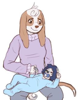 ambiguous_gender anthro clothing dipstick_ears dipstick_tail duo ear_markings fur hair lying markings multicolored_ears neonate object_in_mouth onesie pacifier pacifier_in_mouth simple_background sitting sweater tail tail_markings topwear young monsterbunny gally_(monsterbunny) canid canine canis domestic_dog mammal 2016 archived_source digital_drawing_(artwork) digital_media_(artwork)